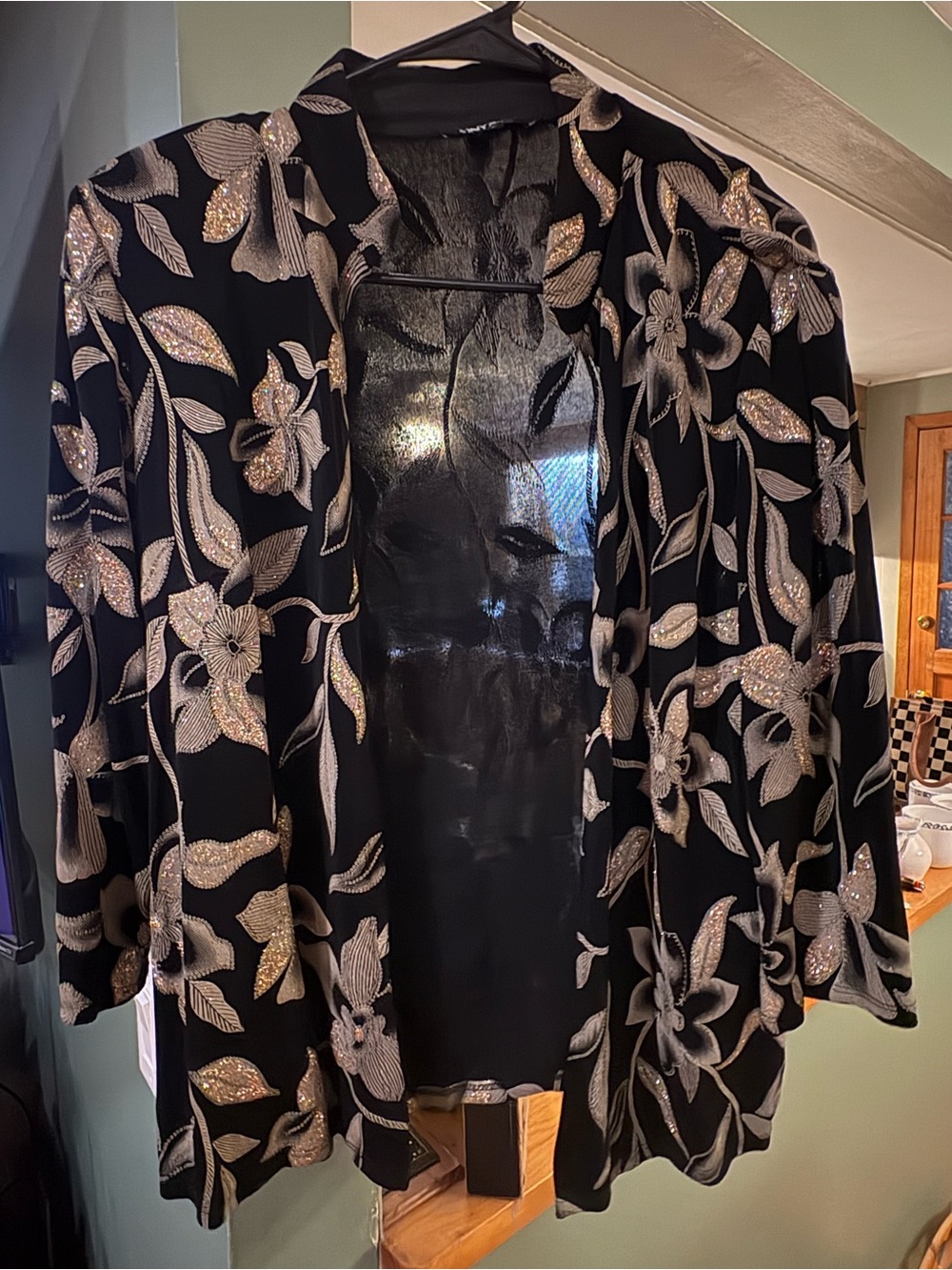 Y2K Onyx Nite Black Floral Glitter Duster Jacket L